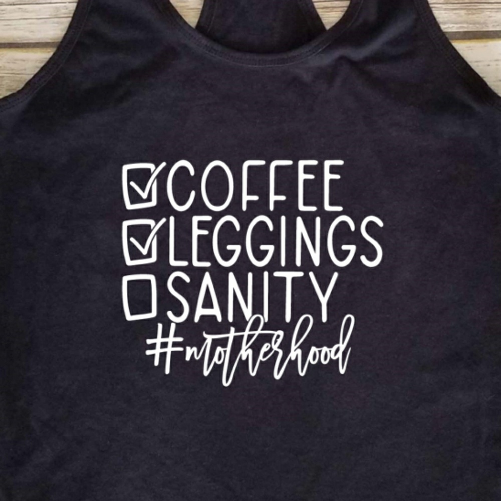 Funny Coffee & Leggings Mom Life Tank – Women’s Black Racerback Shirt - Picture 2 of 3